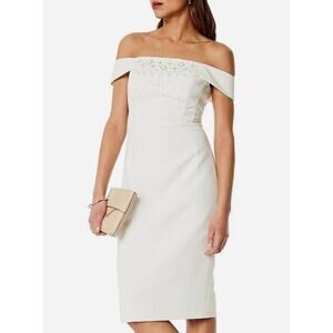 Karen Millen Off the shoulder BEADED BARDOT PENCIL DRESS Pearls Size 6 2084
